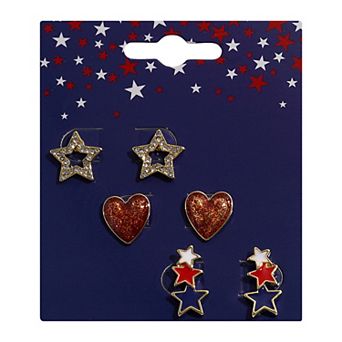 3-Pair Gold Tone Star, Heart and Star Stack Earring Set