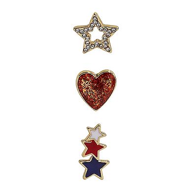 3-Pair Gold Tone Star, Heart and Star Stack Earring Set