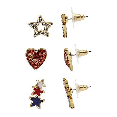 3-Pair Gold Tone Star, Heart and Star Stack Earring Set
