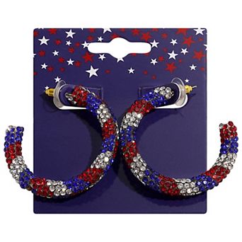 Gold Tone Simulated Stone Red, White and Blue Hoop Earrings