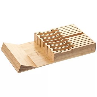 Bamboo Knife Block Drawer Organizer, Nonslip, In Drawer Wooden Knife Storage, Holds up to 12 Knives