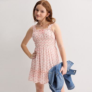 Girls 4-20 Trixxi Ruffled Smocked Dress With Necklace