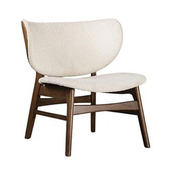 Sepy Accent Chair, Winged Back Beige Boucle Fabric, Walnut Brown Wood