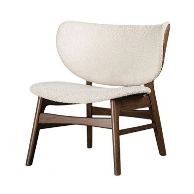 Sepy Accent Chair, Winged Back Beige Boucle Fabric, Walnut Brown Wood