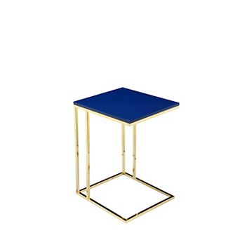 Zen Side End Table, C Shape Gold Base, Navy Blue Lacquer Top