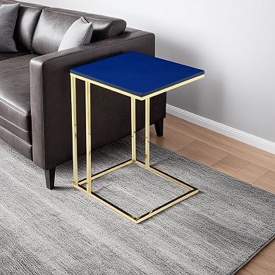 Zen Side End Table, C Shape Gold Base, Navy Blue Lacquer Top