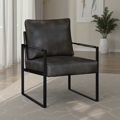 Mackie Accent Armchair, Dark Gray Faux Leather, Black Metal Frame
