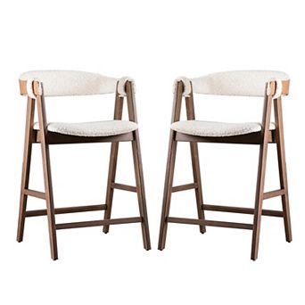Ebik Counter Stool Chair Set of 2, Walnut Brown Wood, Beige Boucle