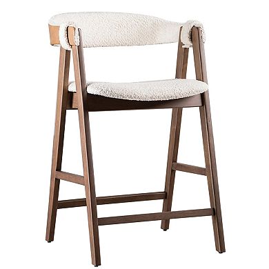 Ebik Counter Stool Chair Set of 2, Walnut Brown Wood, Beige Boucle