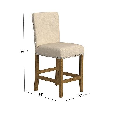 Siem Counter Stool Chair, Brown Beige Polyester Seat, Nailhead Trim