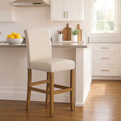 Siem Counter Stool Chair, Brown Beige Polyester Seat, Nailhead Trim