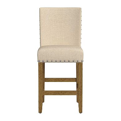 Siem Counter Stool Chair, Brown Beige Polyester Seat, Nailhead Trim