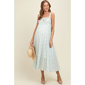 Maternity Blue Cotton Floral Square Neck Sleeveless Maxi Dress