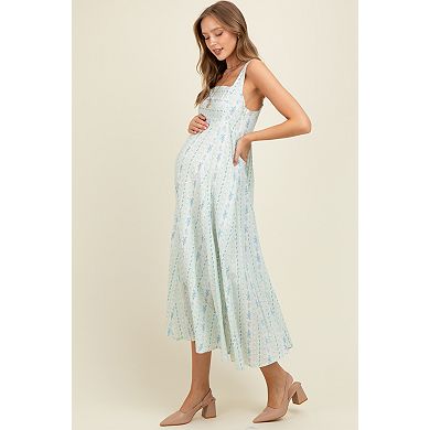 Maternity Blue Cotton Floral Square Neck Sleeveless Maxi Dress