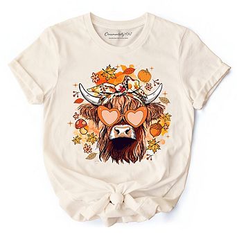 Fall Highland Cow T-Shirt, Messy Bun Howdy Tee with Autumn Vibes
