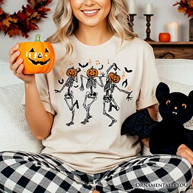Dancing Skeletons with Pumpkin Head T-Shirt, Dry Bones Come Alive Halloween Fun Tee