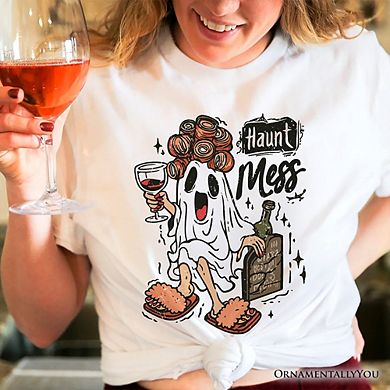 Haunt Mess Wine-Loving Ghost T-Shirt, Funny Halloween Tee with Spooky Ghost