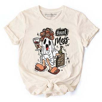 Haunt Mess Wine-Loving Ghost T-Shirt, Funny Halloween Tee with Spooky Ghost
