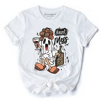 Haunt Mess Wine-Loving Ghost T-Shirt, Funny Halloween Tee with Spooky Ghost