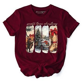 Small Town Christmas T‑Shirt, Highland Cow Rustic Western Cowgirl Holiday Tee