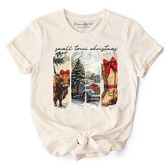 Small Town Christmas T‑Shirt, Highland Cow Rustic Western Cowgirl Holiday Tee