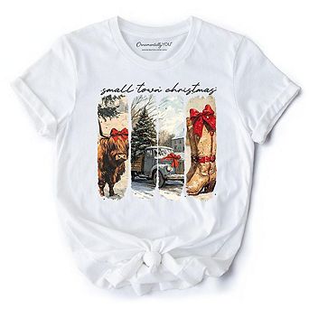 Small Town Christmas T‑Shirt, Highland Cow Rustic Western Cowgirl Holiday Tee