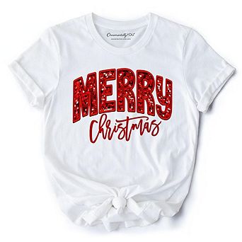 Merry Christmas Sequin T‑Shirt, Bold Red Glitter Tee for Festive Holiday Season
