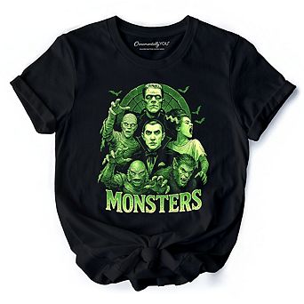 Green Retro Monsters T-Shirt, Vintage Classic Horror Halloween Tee