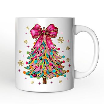 Colorful Glitter Christmas Tree Pink Bow Mug, Pink Bow Coquette Holiday Gift