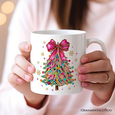 Colorful Glitter Christmas Tree Pink Bow Mug, Pink Bow Coquette Holiday Gift