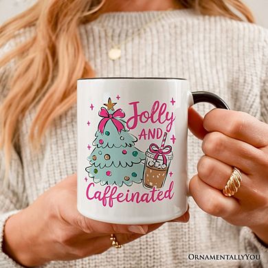 Jolly and Caffeinated Christmas Mug, Retro Coquette Coffee Holiday Gift