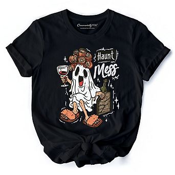 Haunt Mess Wine-Loving Ghost T-Shirt, Funny Halloween Tee with Spooky Ghost