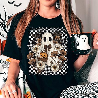 Retro Ghost Floral Halloween T-Shirt, Spooky Vintage Checkered Tee
