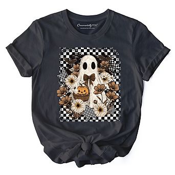 Retro Ghost Floral Halloween T-Shirt, Spooky Vintage Checkered Tee