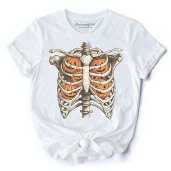 Ribcage Pumpkins T-Shirt, Retro Skeleton Halloween Tee for Spooky Season