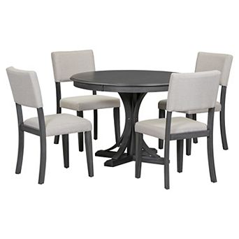 Whisen 5 pc Retro Dining Table Set with Curved Trestle Style Table Legs and 4 Upholstered Chairs
