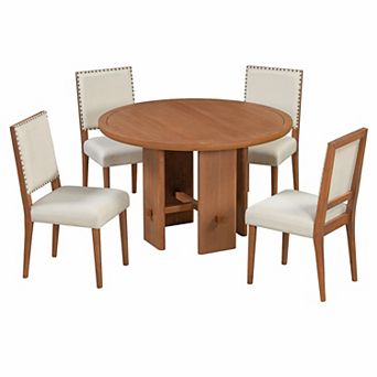 Whisen 5 pc Minimalist Farmhouse Round Dining Table with 4 Solid Wood Upholstered Chairs