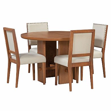 Whisen 5-Piece Minimalist Farmhouse Round Dining Table with 4 Solid Wood Upholstered Chairs