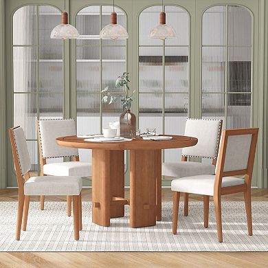 Whisen 5-Piece Minimalist Farmhouse Round Dining Table with 4 Solid Wood Upholstered Chairs