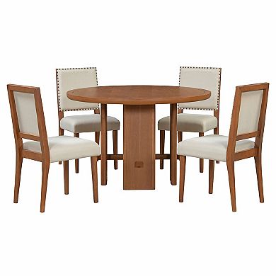 Whisen 5-Piece Minimalist Farmhouse Round Dining Table with 4 Solid Wood Upholstered Chairs