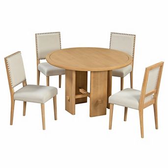 Whisen 5 pc Minimalist Farmhouse Round Dining Table with 4 Solid Wood Upholstered Chairs