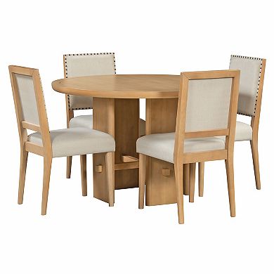 Whisen 5-Piece Minimalist Farmhouse Round Dining Table with 4 Solid Wood Upholstered Chairs
