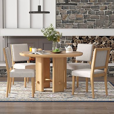 Whisen 5-Piece Minimalist Farmhouse Round Dining Table with 4 Solid Wood Upholstered Chairs