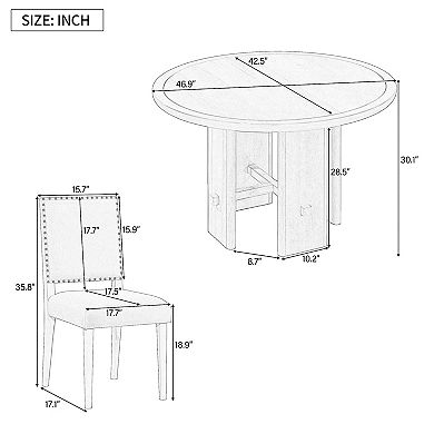 Whisen 5-Piece Minimalist Farmhouse Round Dining Table with 4 Solid Wood Upholstered Chairs