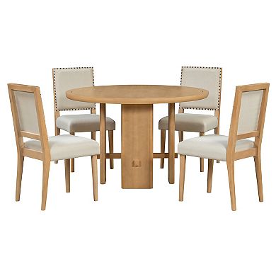 Whisen 5-Piece Minimalist Farmhouse Round Dining Table with 4 Solid Wood Upholstered Chairs