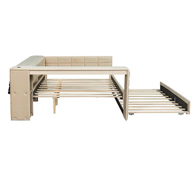 Whisen Full Size Upholstered Platform Bed with Storage Shelves, Desk, Charging Station and Trundle