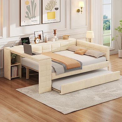 Whisen Full Size Upholstered Platform Bed with Storage Shelves, Desk, Charging Station and Trundle