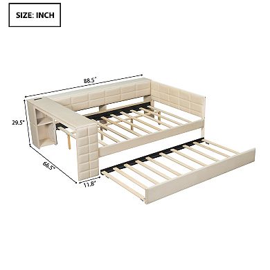 Whisen Full Size Upholstered Platform Bed with Storage Shelves, Desk, Charging Station and Trundle