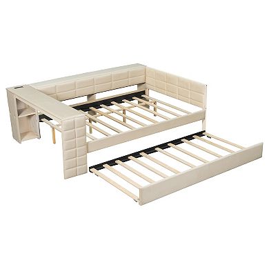 Whisen Full Size Upholstered Platform Bed with Storage Shelves, Desk, Charging Station and Trundle