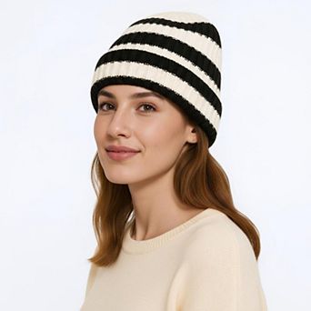 Unisex Striped Knit Beanie Hat Cuffed Warm Winter Cap